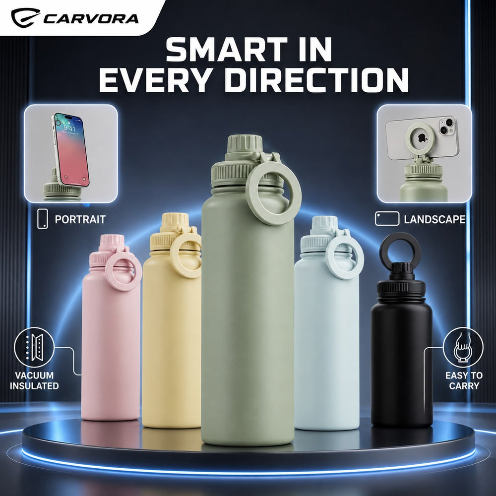 Carvora FlowMount insulated bottles with magnetic phone holders in portrait and landscape positions