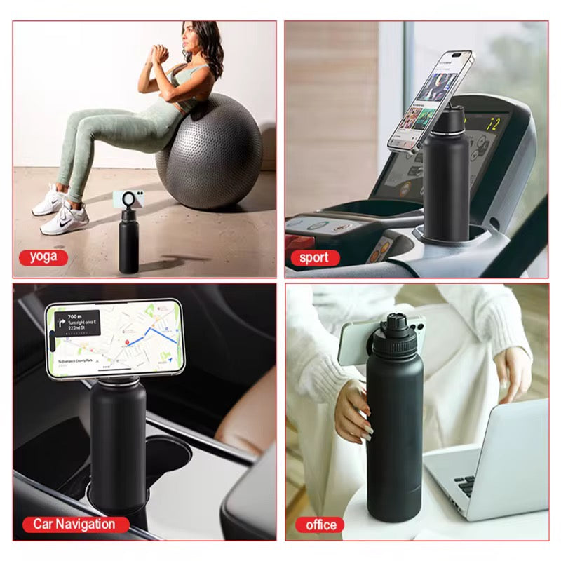 FlowMount magnetic phone-holder bottle used at the gym, office and in a parked vehicle