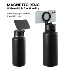 Magnetic ring holding phones above black FlowMount insulated bottles
