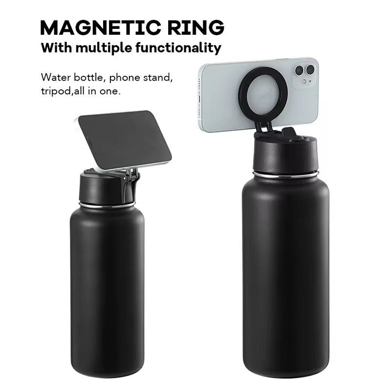 Magnetic ring holding phones above black FlowMount insulated bottles