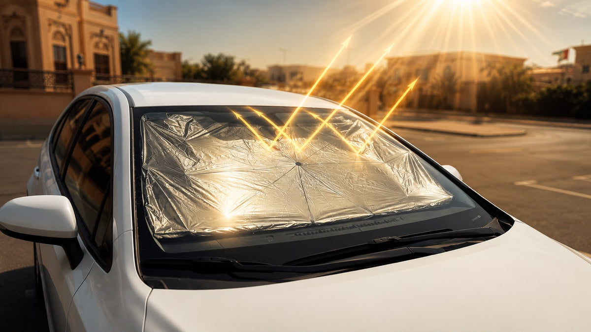 Layered reflective construction of the Carvora HeatShield sun shade